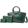 Ensemble sac à main vert foncé avec relief crocodile, pochette et portefeuille - Vert