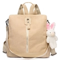 Beige corduroy backpack for women featuring a soft plush rabbit charm and top handle - Yellow