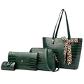 Dark green 4-piece bucket bag set with crocodile embossing and leopard scarf accent - Green