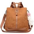 Brown corduroy convertible backpack for women with plush bunny charm and wide strap - Brown