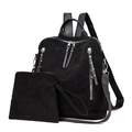 Black corduroy backpack set for women including main bag and matching small pouch - Black