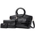 Ensemble 3 pièces de sacs noirs à motif crocodile avec anneaux dorés et finis - Noir