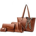 4-piece set dark brown crocodile embossed bucket bag with leopard scarf detail - Brown