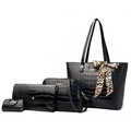 Black crocodile embossed 4-piece handbag set with large tote and gold hardware - Black