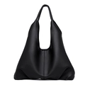 Black large capacity soft leather hobo bag with lychee grain texture and single handle - Black