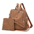 Brown corduroy backpack with small matching pouch and metallic rivets detail - Brown