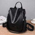 Women black crocodile pattern PU leather anti-theft backpack with versatile straps - Black