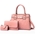 Pink 3-piece quilted handbag set with tote, clutch and coin purse in PU leather - Pink