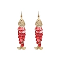 Handmade red sequin fish drop earrings with textured gold metal and fringe detail - Red