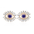 Golden Evil Eye stud earrings with blue center stone and sparkling baguette crystals - White Rhinestone