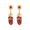 Bohemian feather drop earrings with red stones and colorful rhinestones in gold tone - Vintage Red (B)
