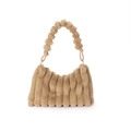 Brown faux fur underarm bag with pleated design and scrunchie handle for women - Khaki
