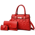 Three-piece red quilted tote bag set including a clutch and coin purse with gold clasp - Red