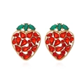Chic strawberry stud earrings with red and green crystals on a gold-plated base - Red Green Strawberry (A)