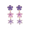 Orecchini pendenti a tre fiori viola sfumato con base in metallo dorato - Viola Sfumato / Viola Rosa (Stile C)
