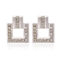 Square geometric silver drop earrings with sparkling crystal rhinestones on white backdrop - Silver