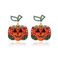 Halloween pumpkin drop earrings with colorful rhinestones and skeleton face design - Gold