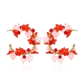 Exaggerated large hoop earrings with handmade red flowers and crystal beads - Red Flower / Brilliant Red