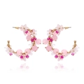 Handcrafted C-shaped gold hoop earrings with pink beads and white floral charms - Pink Floral / Light Pink