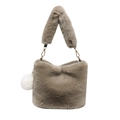 Taupe faux fur bucket bag with plush pompom pearl charm and matching shoulder strap - Dark Khaki