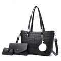 Zwarte handtassenset met krokodillenpatroon inclusief shopper, clutch en pompon - Zwart