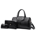 Black crocodile pattern handbag set with three pieces including tote and clutch - Black