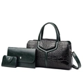 Dark green crocodile texture tote bag three-piece set with embossed finish and adjustable strap - Green