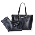 Three-piece black crocodile pattern handbag set including tote and wallet - Black