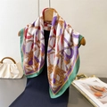 Silk-textured square scarf with vintage chain print and green border on a wooden hanger - Vintage Chain Green Border Style (FG264-2)