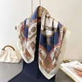 Retro equestrian style silk scarf with gold chain and horse bit prints on navy background - 70CM Single Side / Navy Blue
