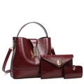 3-piece burgundy leather handbag set including bucket tote, envelope clutch and small wallet - Wine Red Set Bag