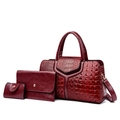 Three-piece set of burgundy faux crocodile tote with wallet and pouch in a luxury design - Red