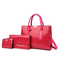 Three-piece dark red handbag set with embossed faux crocodile pattern and top handle - Pink