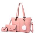 Pink crocodile pattern handbag set including tote, wallet, and mini pouch with pompom - Pink