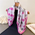 Floral polka dot faux silk scarf with rose pink border draped over a black shirt - 66-70cm / Pink (FG329-4)