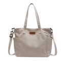 Sac fourre-tout minimaliste en toile beige avec bandoulière et écusson en cuir - Blanc