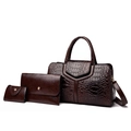 Dark brown faux crocodile leather handbag set with three pieces including tote and pouches - Coffee