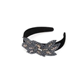 Baroque black velvet headband with handmade beadwork and crystal floral embroidery - Black