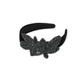 Handmade black beaded headband with velvet padding and baroque floral embroidery pattern - Black