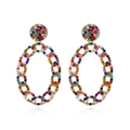 Luxurious gold-tone geometric chain earrings with vibrant multicolor rhinestones - Colorful Zirconia