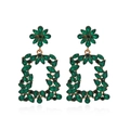 Green and black crystal floral drop earrings with gold geometric hollow pendants - Green