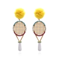 Modieuze tennisracket oorbellen met gele pluizige bal en kleurrijke strass steentjes - Goud