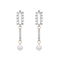 Elegant drop earrings with colorful crystals, geometric silver bars and white pearls - Antique Silver - White Rhinestone
