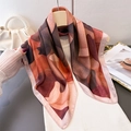 Silk-like square scarf with abstract geometric print in brown and orange on a hanger - 70cm x 70cm / Light Pink