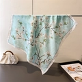 Elegant light blue silk-like square scarf featuring white magnolia floral print and border - 66-70cm / Mint Green (FG286-3)