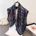 Floral print silk square scarf in navy blue with delicate pink blossoms and green leaves - 70cmx70cm / Navy Blue (FG323-4)