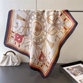Detail of elegant silk-like square scarf featuring retro chain and horse harness print - Black Border
