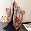 Elegant chain print satin silk square scarf with vintage French equestrian pattern - Orange