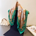 Elegant emerald and orange equestrian print silk scarf draped over a black mannequin top - 66-70CM / Green (FG278-2)