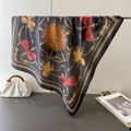 Elegant navy blue silk scarf with golden chain print and red bows hung on a metal rack - 66-70CM / Black